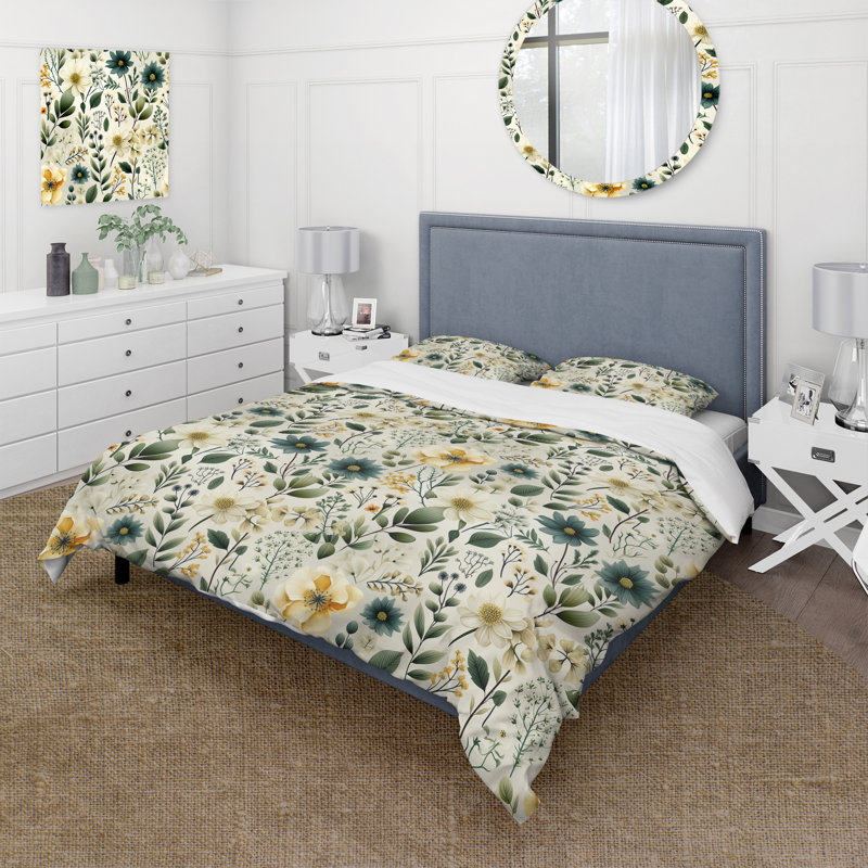 Botanical Wanderlust Green And White Floral Duvet Cover, King Duvet Cover + 2 King Shams