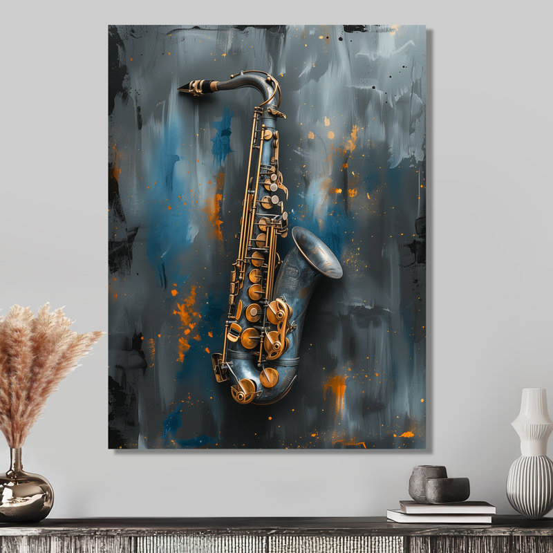 «Blue Gray Music Instument Saxophone», reproduction d'art mural, Sans cadre, métal, H 30 po x l 40 po