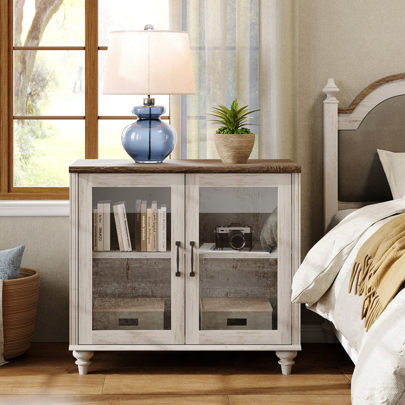 Nightstand For Bedroom With Glass Doors, Mid Century Modern Wooden Closet Storage Organizer, Individual, Rustic White/Brown