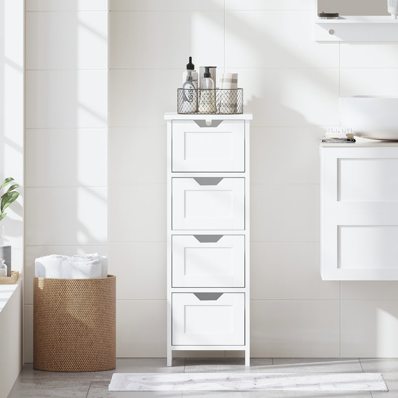 Armoire de salle de bain blanche étroite avec 4 tiroirs, organisateur de rangement autoportant en bois avec un design vertical peu encombrant pour la salle de bain, le couloir et le salon
