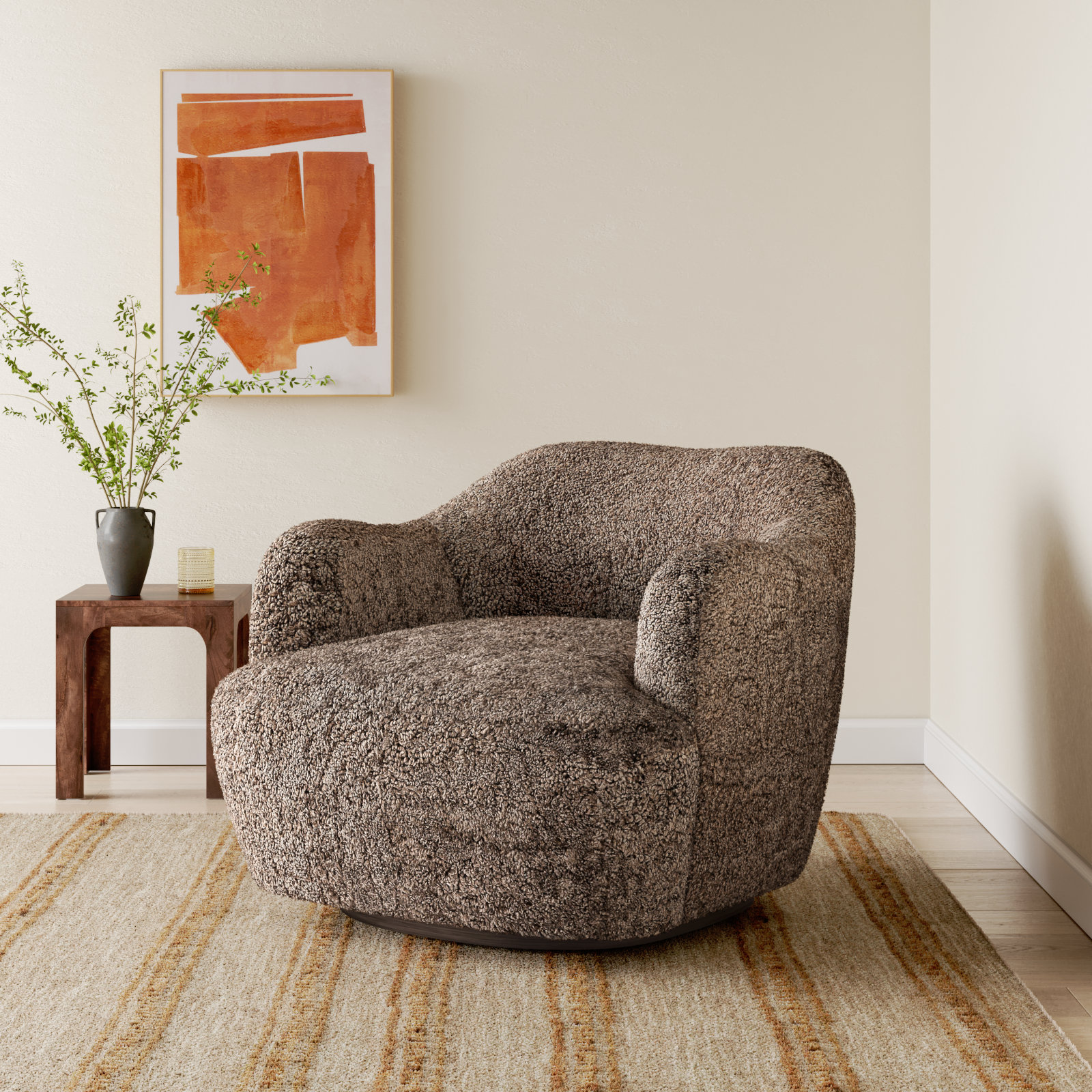 Alaska Oak Genuine Leather Swivel Barrel Chair, Taupe Shearling Unshorn Sheepskin