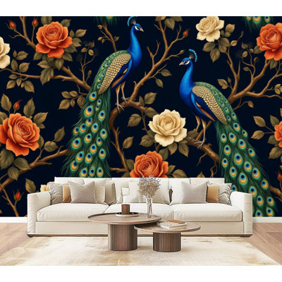Papier peint auto-adhésif à motif floral paon élégant H 69 po x l 96 po amovible mural auto-adhésif pour chambre à coucher, bureau à domicile