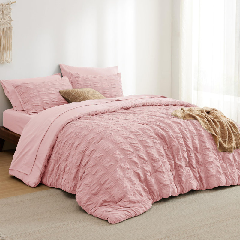 Bedsure Bed in a Bag Twin - 5 Pieces Plaid Seersucker Bedding Comforter Sets, Soft Lightweight Blush Pink Boho Bed Set with Comforters Twin Size, Sheets, Pillowcase & Sham