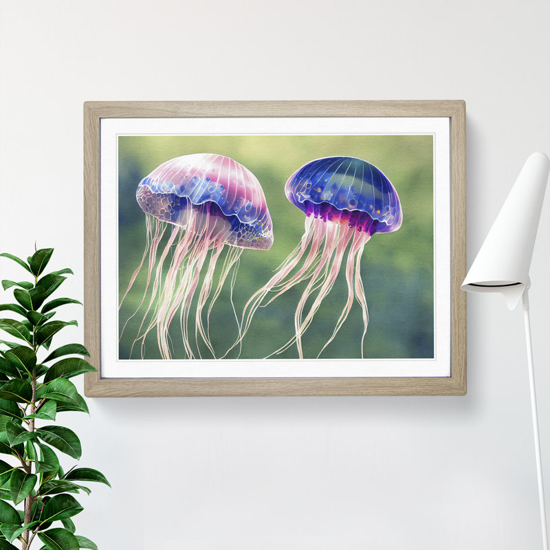 Watercolour Jellyfish - Single Picture Frame Print, 46cm H x 64cm W x 2cm D, Oak