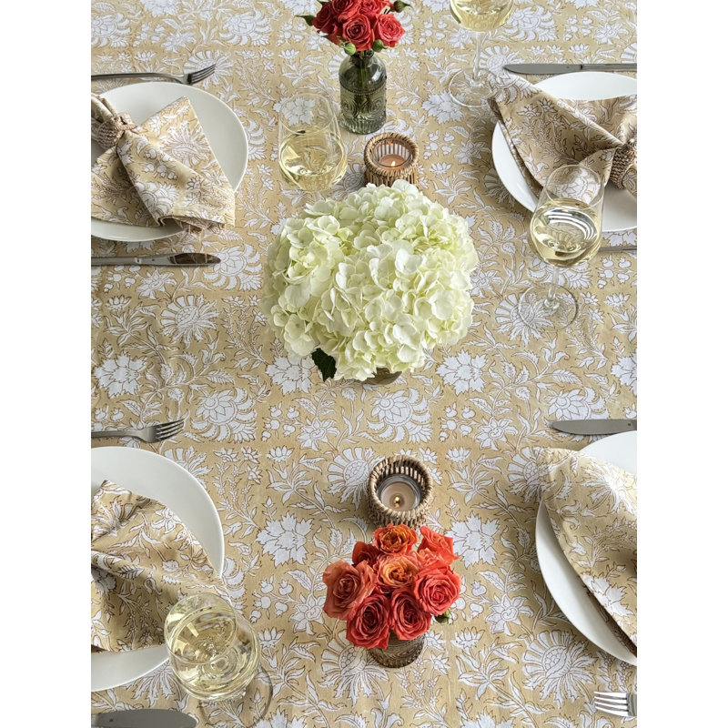 Hand Block Print Tablecloth, Yellow, 108" L x 70" W