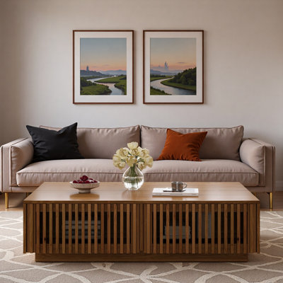 47.2''Mid Century Modern Coffee Table with Slatted Storage Drawers and Hidden Storage Compartments