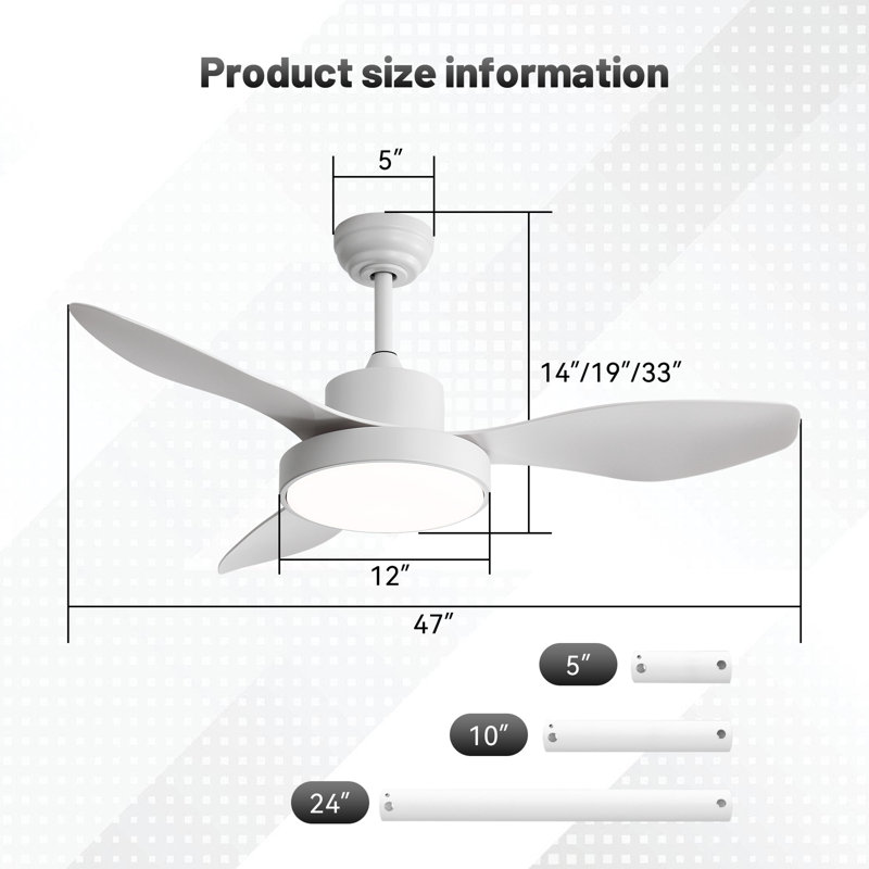 Ventilateur de plafond 47 "avec lumière DEL 22W et télécommande, Blanc, Blanc, Blanc