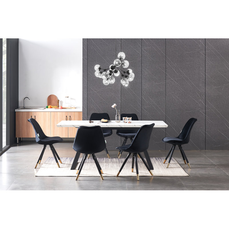 Grizelda 6 Person Dining set - a Rectangular Extendable Dining Table with Metal Legs and a Set of 6 Quilted Velvet Dining Chairs for Dining Room - Modern Dining Table Set
