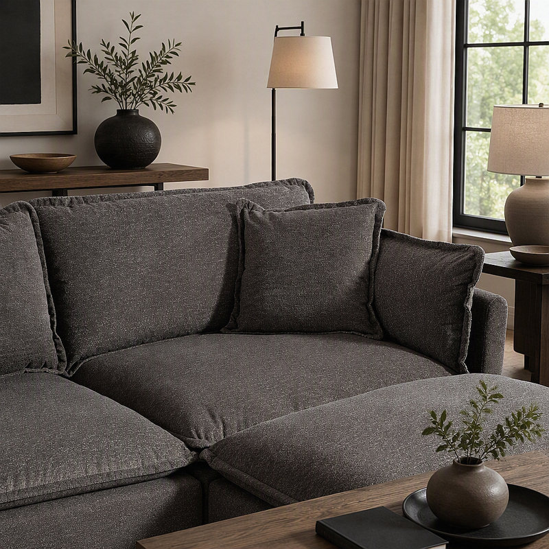 Canapé modulaire 3 places avec repose-pieds et sièges amovibles, Chenille gris antique