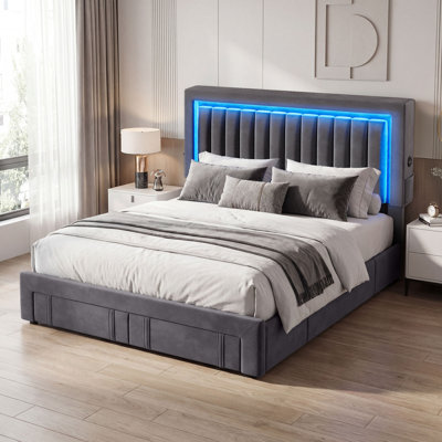 Cadre de lit tête de lit tapissier réglable en velours à DEL avec 4 tiroirs de rangement et ports USB