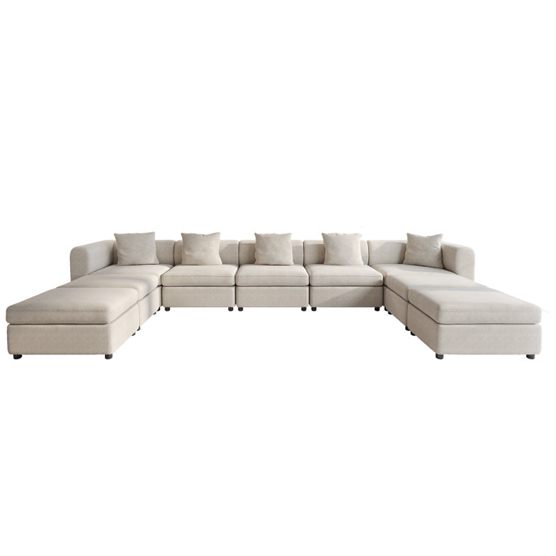 Sadettin Modern Oversized Sofa Velvet U-Shaped Sectional Sofa, 9 Pcs: 4 Ottomans, 5 Chairs