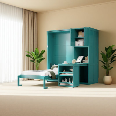 Lit escamotable simple avec bureau roulant, armoire de rangement et bibliothèque