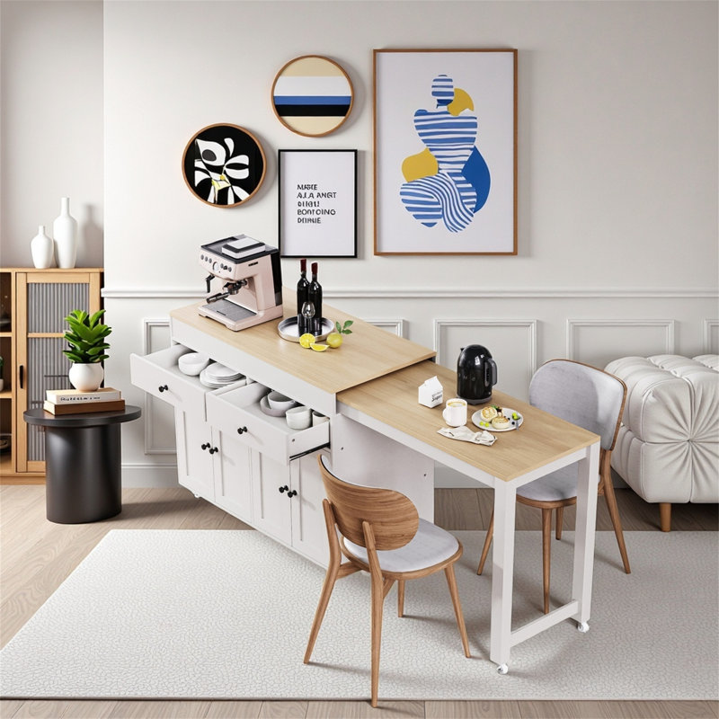 74.5-inch Kitchen Island With Extendable Dining Table, White