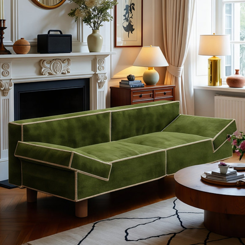 Canapé carré rétro en chenille, Blanc; vert matcha