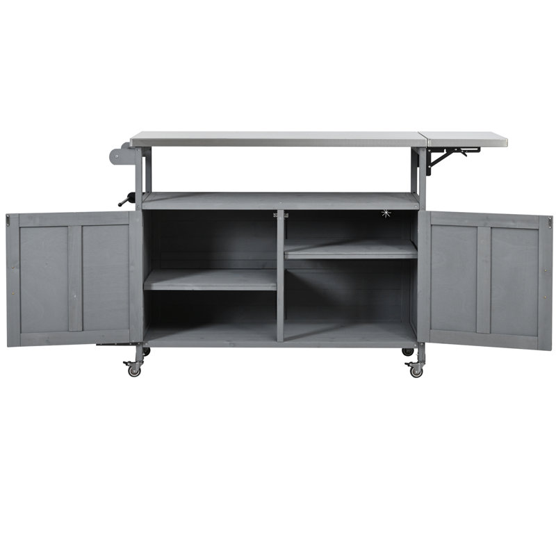 Îlot de cuisine portatif pour l'extérieur, gris, conception pliable, plateau rouille, bois de sapin, étagère réglable et support de cuisine à deux niveaux en acier inoxydable, roulettes verrouillables