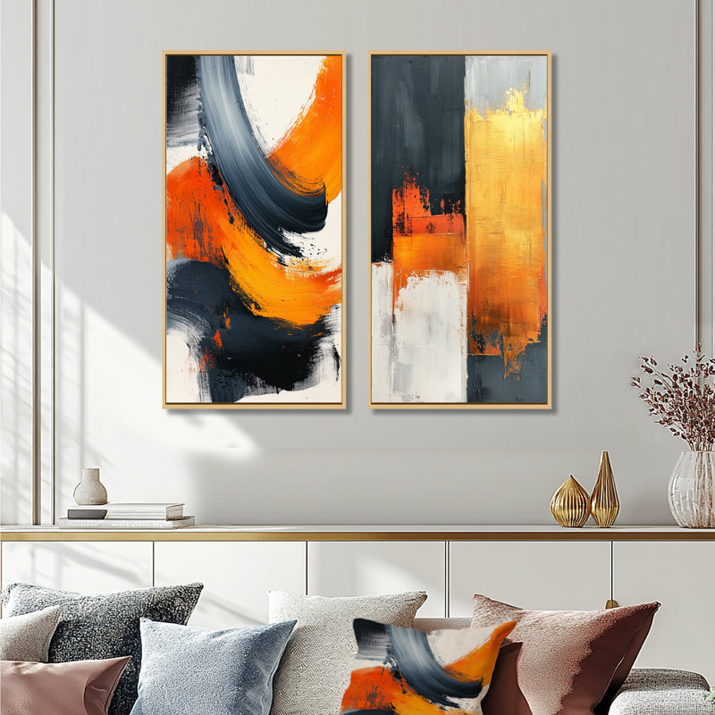 «Balck And Orange Converge Dream I - Minimalisme», ensemble d'art mural 2 pièces, H 32 po x l 32 po, Cadre flottant érable