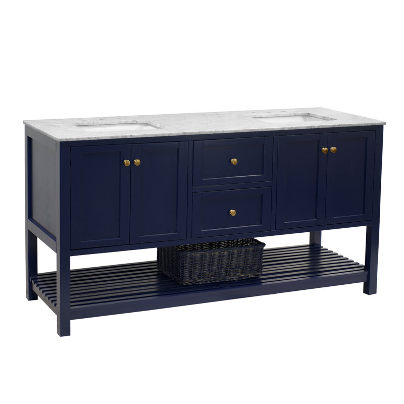 Binne 72'' Double Bathroom Vanity with Top, Royal Blue, Carrara Marble