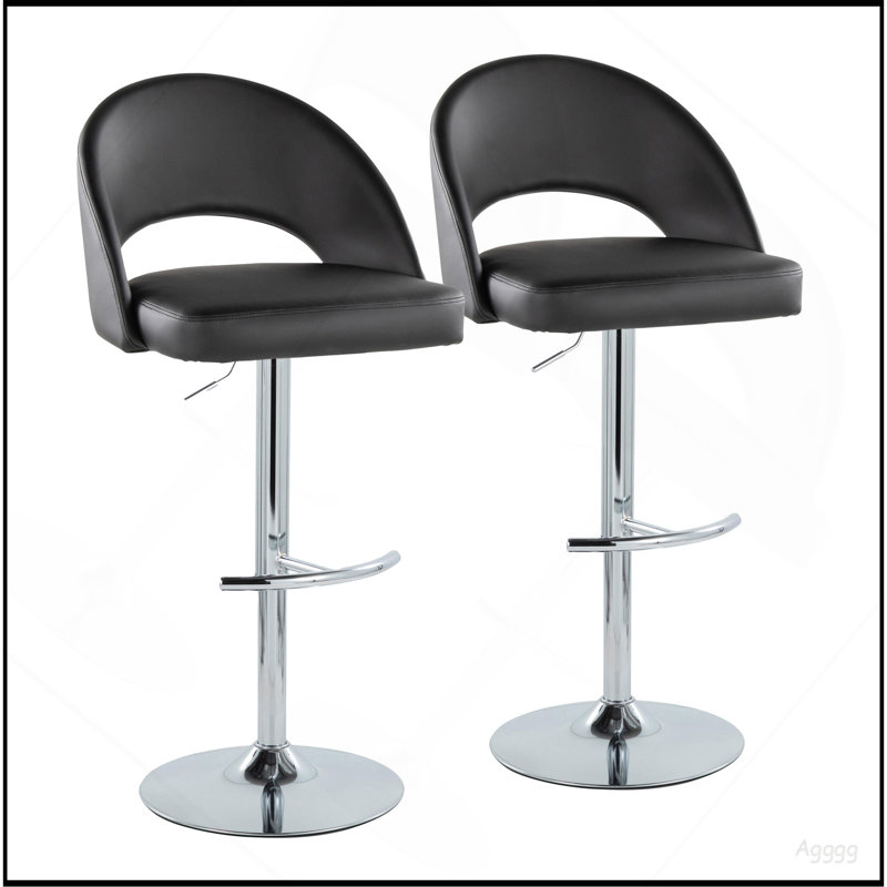 Tabouret de bar réglable avec pivot en métal chromé et similicuir noir avec repose-pieds rond en T - ensemble de 2, Noir