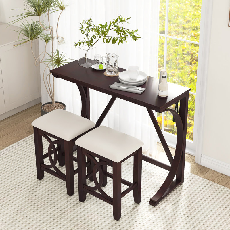 Ensemble de table de salle à manger 3 pièces à hauteur de bar en bois massif avec port USB, Espresso, Espresso