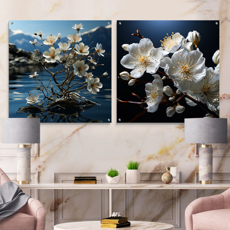 Blossuming Dogwood - Ensemble de 2 verres muraux en acrylique, H 16 po x l 33 po