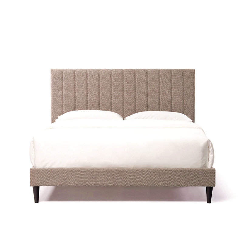 Structure de lit plateforme tapissier gris, tête de lit à profil capitonné, meubles de chambre à coucher de style Mid-Century, sommier à lattes en bois non requis, cadre de lit à lattes modernes, cadre souple moderne, 64,25 po x 84,5 po x 45 po