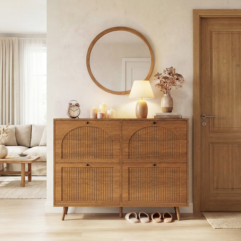 Shoe Storage Cabinet with 4 Flip Drawers, Fluted Panel Wooden Shoe Rack Organizer with Adjustable Shelves for Entryway, Hallway, Living Room, Walnut