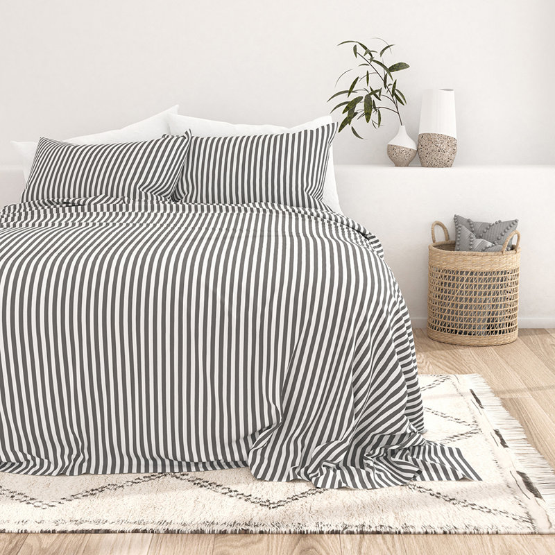 Simply Soft Stripe Ribbon Microfiber Sheet Set, Queen, Gray