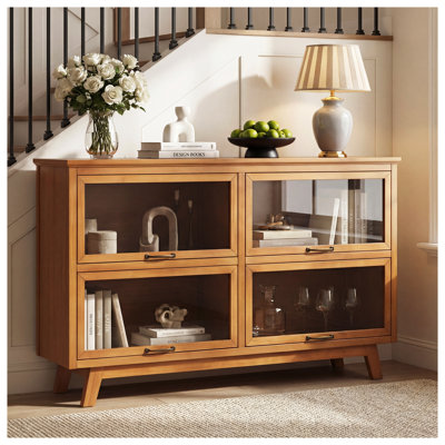 Armoire de rangement Mid-Century moderne en bois massif avec 4 portes en verre - Vitrine en bois naturel pour le salon