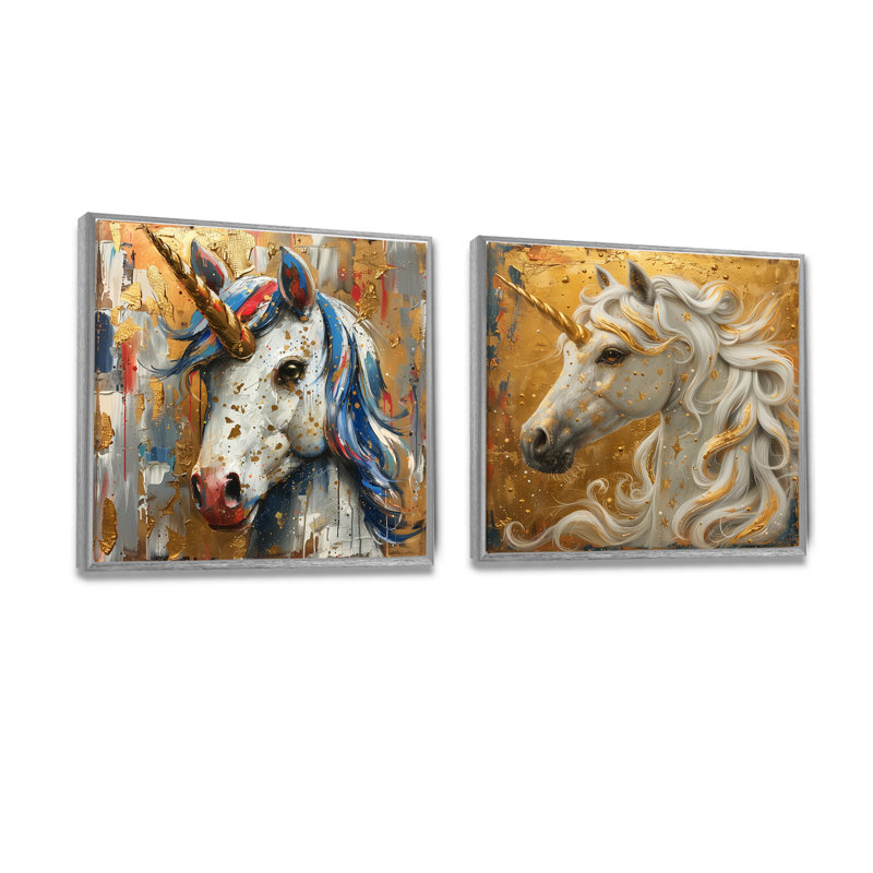 Licorne blanche et dorée scintillante I - art mural licornes - décoration murale moderne 2 pièces, H 30 po x l 61 po