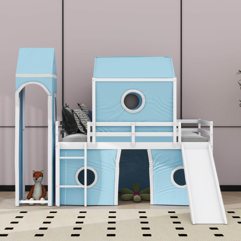 Twin Loft Bed Embellished With Slide And Turret, Blue