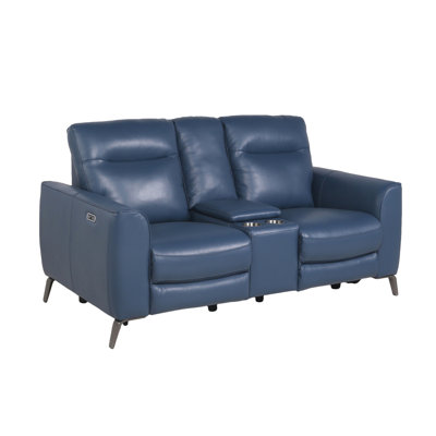 Causeuse à console haute - cuir fleur, double puissance, bleu océan - repose-pieds escamotable, pieds chromés évasés, aspect meuble Motion