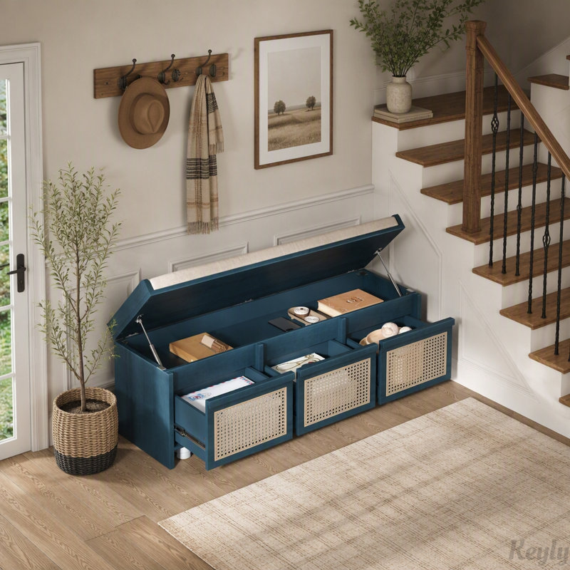 Banc de rangement rétro avec tiroirs en rotin et coussin capitonné, Antique Navy