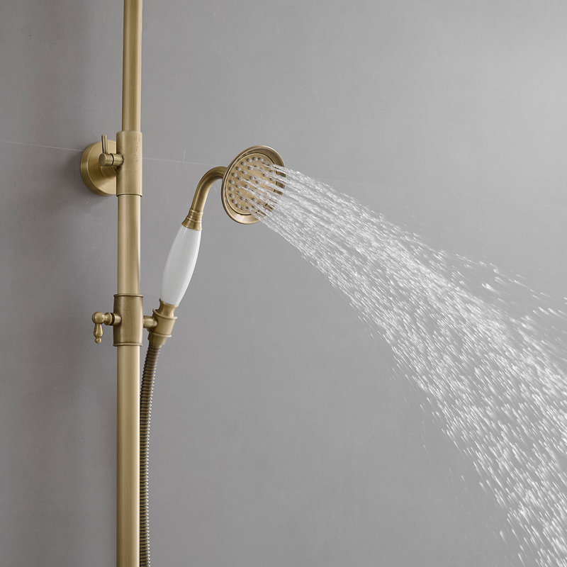 2-Spray Round Wall Bar Shower Kit With Hand Shower Dual Cross Handles Mixer Shower System Taps, Brushed Gold