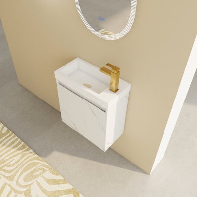 Meuble-lavabo blanc avec lavabo en résine et porte à fermeture en douceur - commode décorative à fermeture en douceur