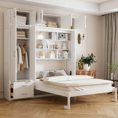 Wall Murphy Bed With Top Cabinet,Shelves  And  Wardrobe, Space Saving Foldable Bed