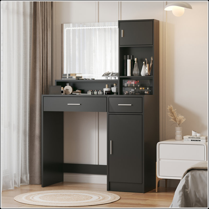 Bureau de coiffeuse avec miroir, lumière DEL, luminosité réglable et rangement à 3 niveaux pour les chambres à coucher modernes