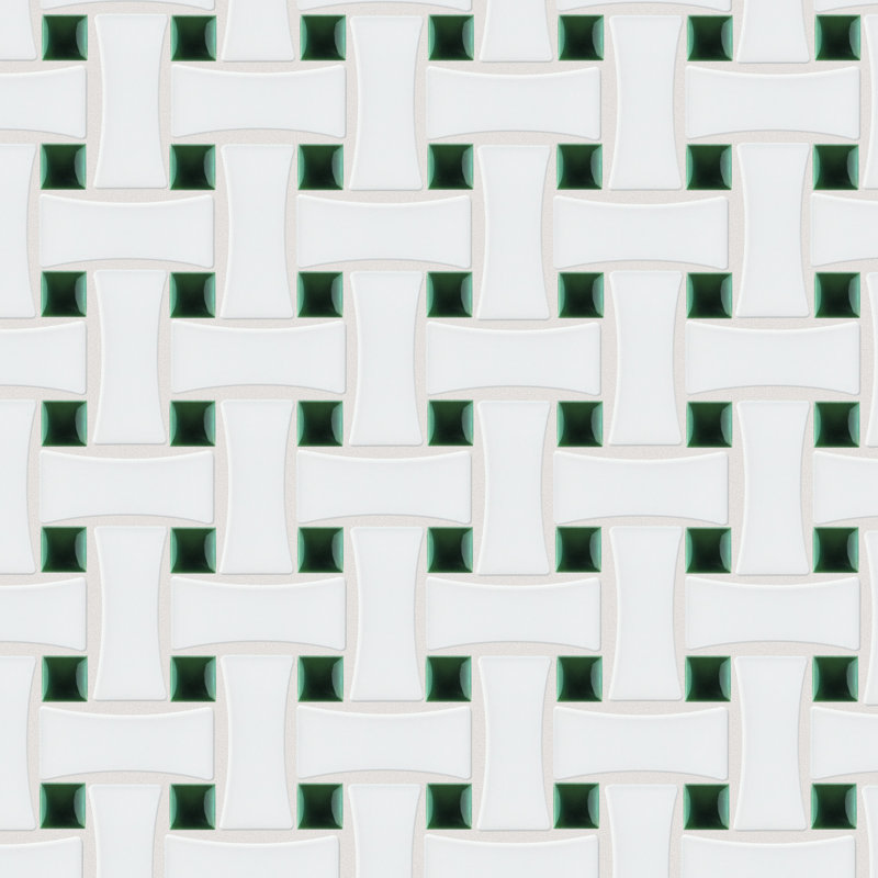 Metro Ion Dog Bone Basketweave Emerald Dot Matte White 10" x 10" Porcelain Mosaic Floor & Wall Tile