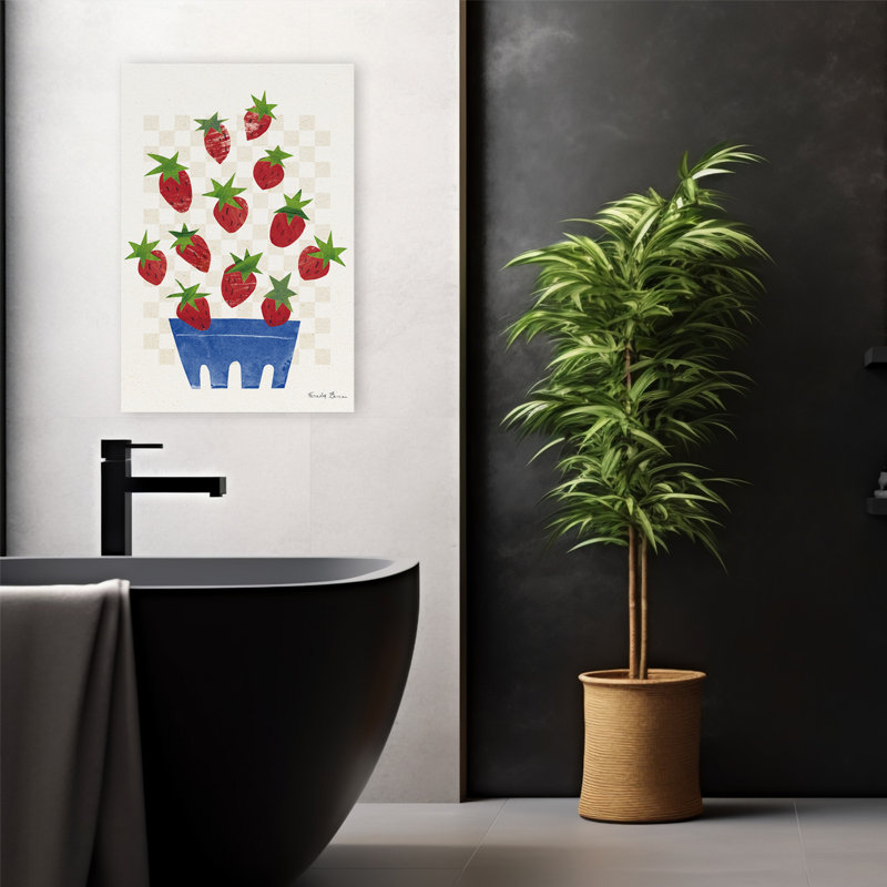 Red Falling Fruit II - Blue Bowl, art de fruits crème, H 24 po x l 16 po