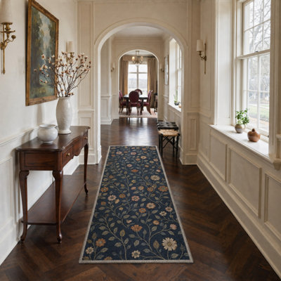 Machine Washable Floral Navy / Green Hallway Runner With Non-Slip Backing