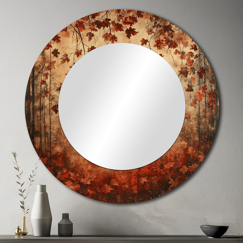 Red Falling Oak Leaves I - Traditional Decorative Mirror Wall Art - Printed On Metal, 36" x 36"