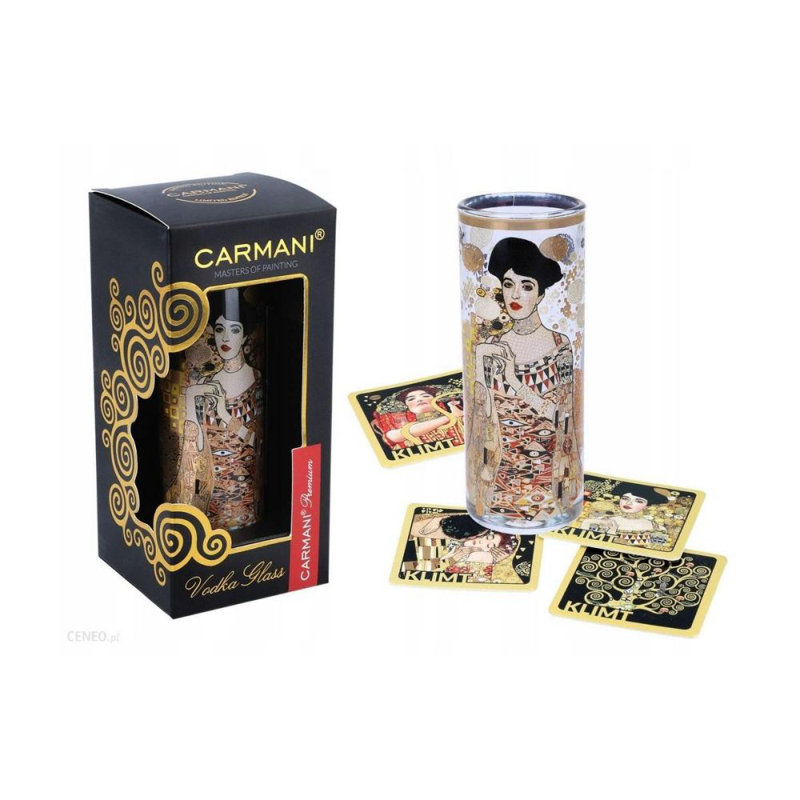Ensemble de 5 verres à liqueur Carmani 2 oz et 4 sous-verres décorés avec la peinture de Gustav Klimt Adela