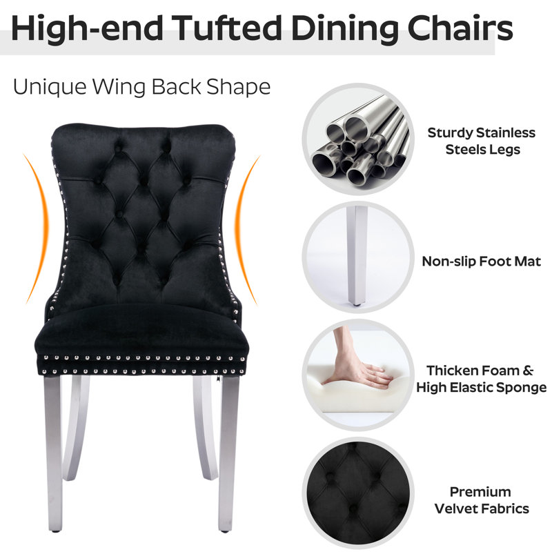 Round Wooden Dining Set with Tufted Dining Chair, 29.5"H x 47"L x 47"W, Black, Black