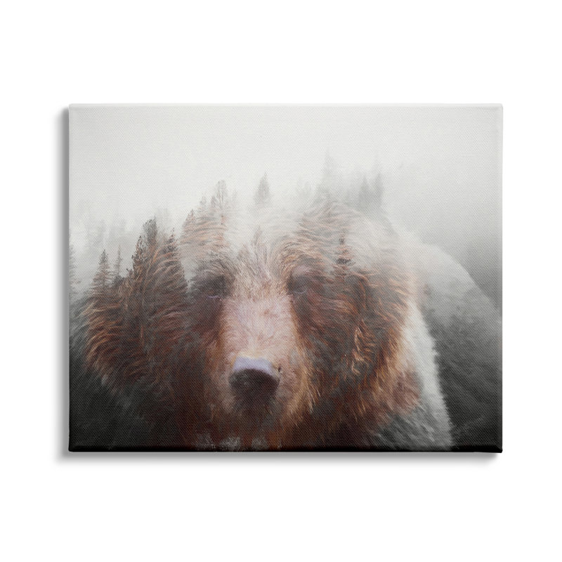 Abstrait, vie sauvage, ours brun, forêt brumeuse, art mural par Daniel Sproul, H 30 po x l 40 po x P 1,5 po