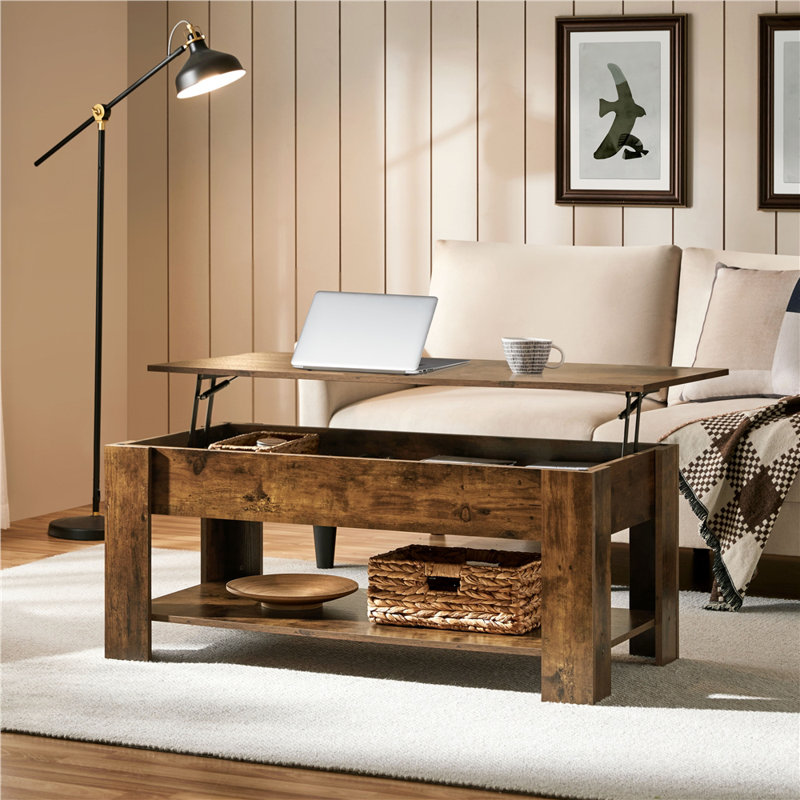 Lift Top Four Leg Coffee Table with Storage, 63.5cm H x 120cm L x 59cm W, Rustic Brown