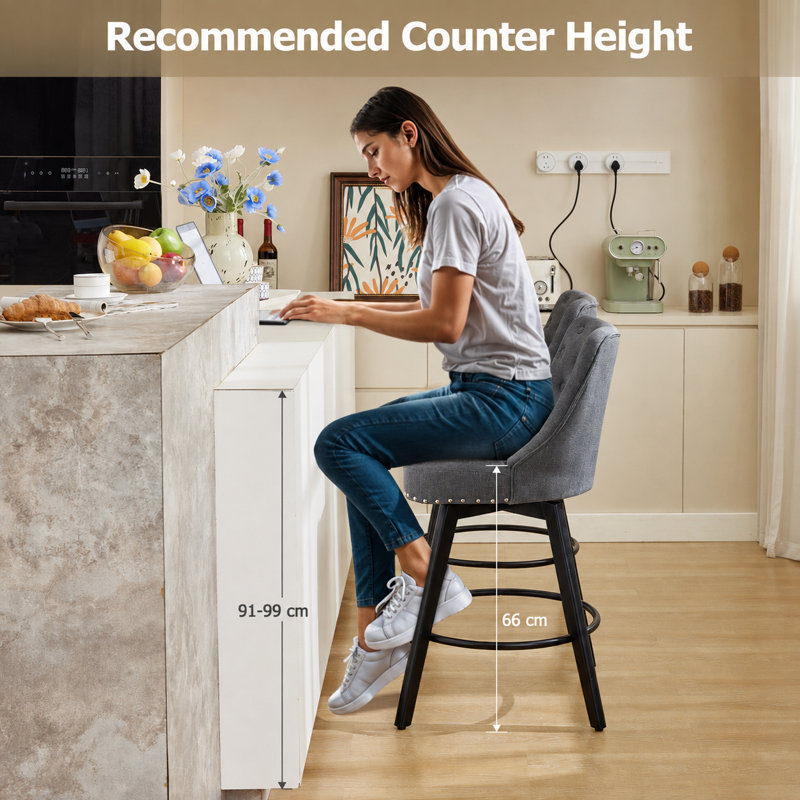 Swivel Bar Stool Set of 2, Modern Gray Barstool, Counter Height Stool with Button Tufted Back, Footrest, Linen Upholstered Bar Chair Set for Kitchen, Island, Dining Room