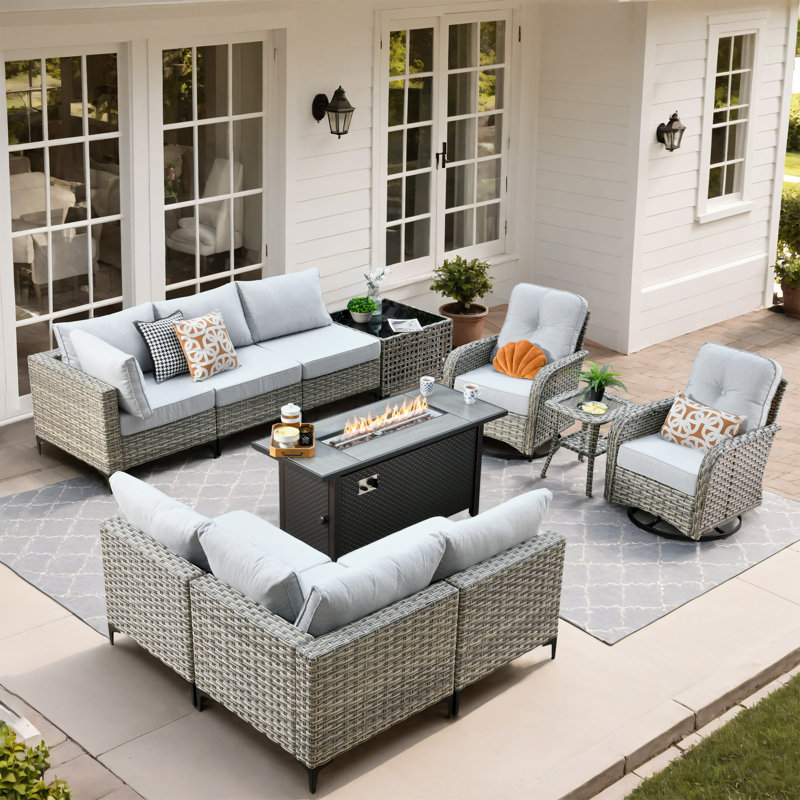 Daltry 11 Piece Outdoor Wicker Conversation Sets With Fire Pit Table and Coffee Table With built-in lights, Gray