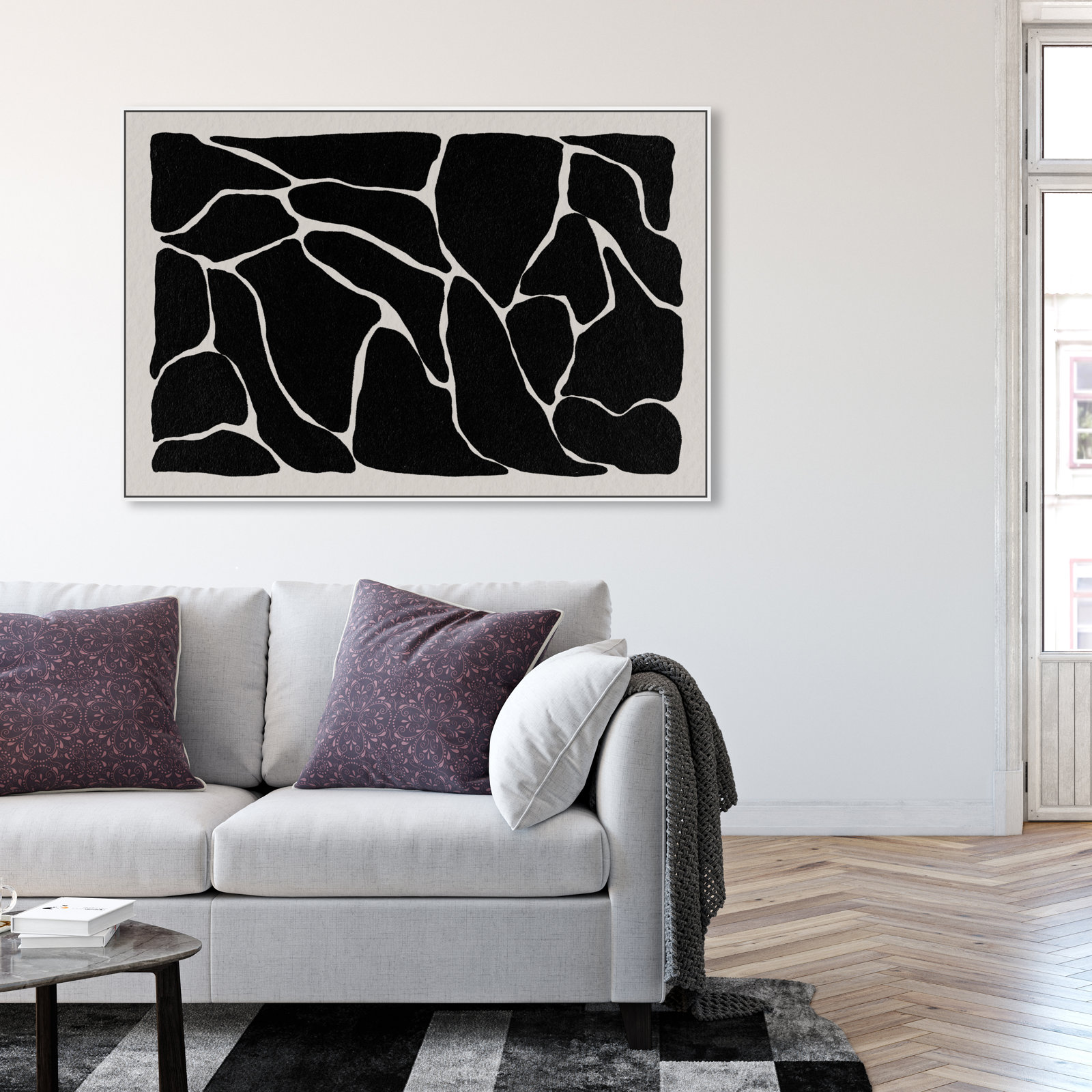 Abstract Black And White Giraffe Pattern, White, 37" H x 55" W