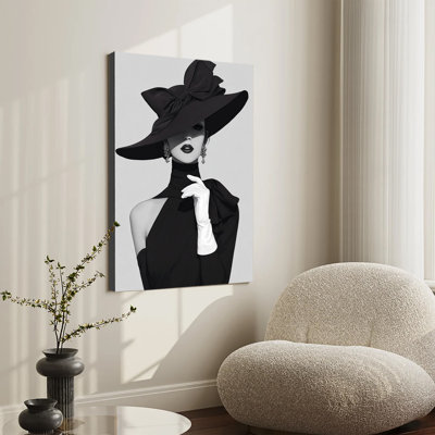 Illustration vintage d'une femme au grand chapeau, imprimée sur toile tendue sur châssis, idéale pour le salon ou la chambre.