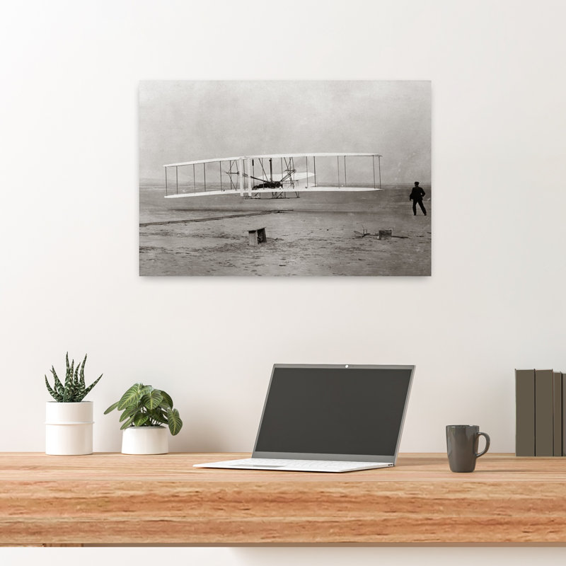 1903 Wright Brothers' Plane Taking Off At Kitty Hawk North Carolina Usa Contemporary Wall Art, 16" H x 24" W