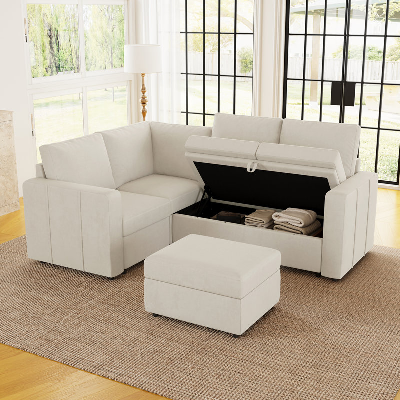 Canapé de rangement modulaire en L Aubade avec repose-pieds amovible, Velours beige